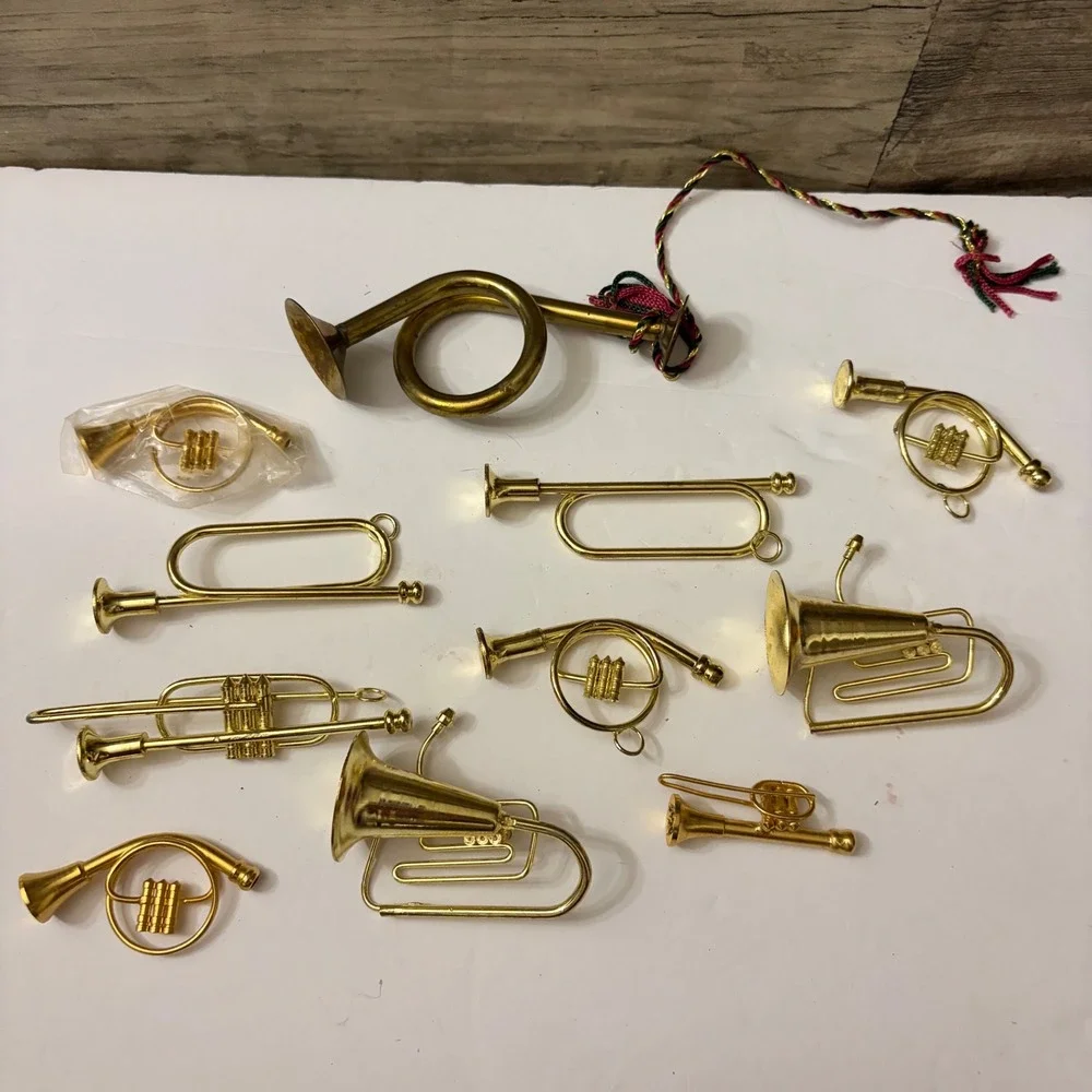 Vintage Miniature Brass Musical Instrument Christmas Ornaments Horns 10pc